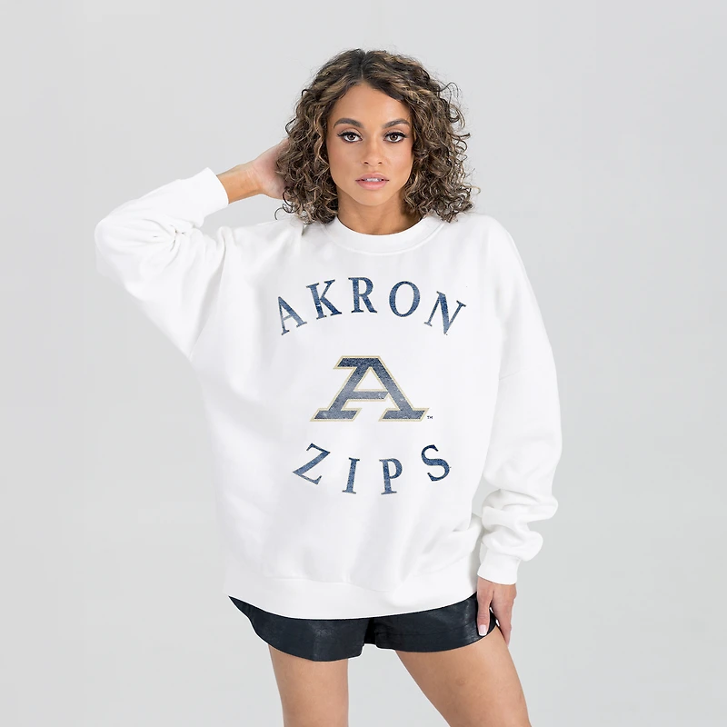 Women's Gameday Couture White Akron Zips Oversized Good Vibes Premium Fleece Drop Shoulder Pullover Sweatshirt