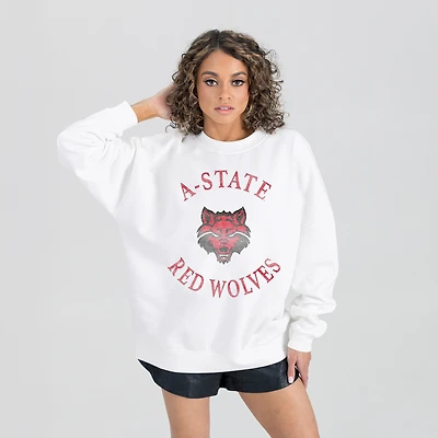 Women's Gameday Couture White Arkansas State Red Wolves Oversized Good Vibes Premium Fleece Drop Shoulder Pullover Sweatshirt