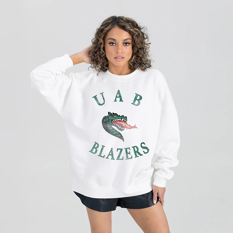 Women's Gameday Couture White UAB Blazers Oversized Good Vibes Premium Fleece Drop Shoulder Pullover Sweatshirt