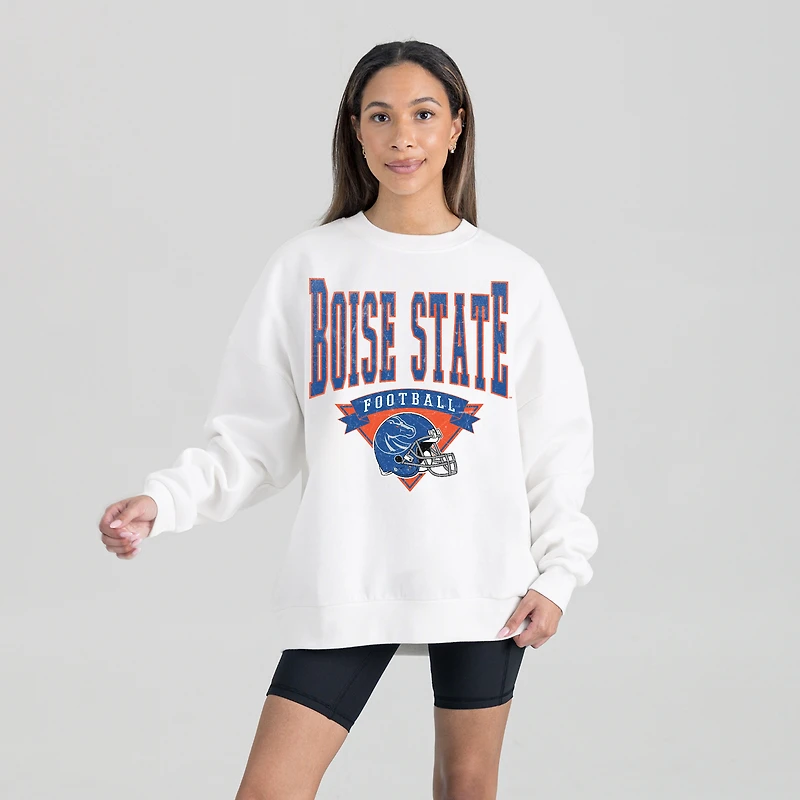Women's Gameday Couture White Boise State Broncos Oversized Good Vibes Premium Fleece Drop Shoulder Pullover Sweatshirt
