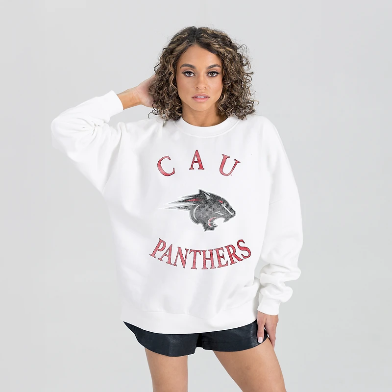 Women's Gameday Couture White Clark Atlanta University Panthers Oversized Good Vibes Premium Fleece Drop Shoulder Pullover Sweatshirt