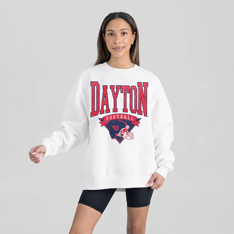 Women's Gameday Couture White Dayton Flyers Oversized Good Vibes Premium Fleece Drop Shoulder Pullover Sweatshirt