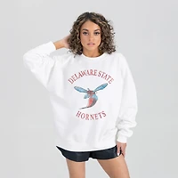 Women's Gameday Couture White Delaware State Hornets Oversized Good Vibes Premium Fleece Drop Shoulder Pullover Sweatshirt