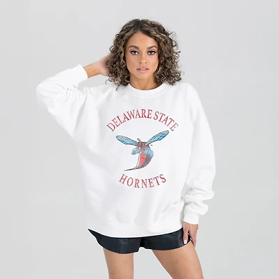 Women's Gameday Couture White Delaware State Hornets Oversized Good Vibes Premium Fleece Drop Shoulder Pullover Sweatshirt