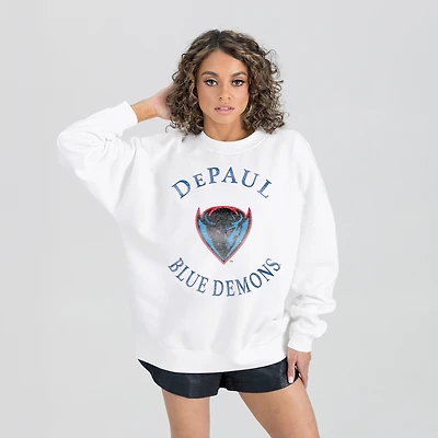 Women's Gameday Couture White DePaul Blue Demons Oversized Good Vibes Premium Fleece Drop Shoulder Pullover Sweatshirt