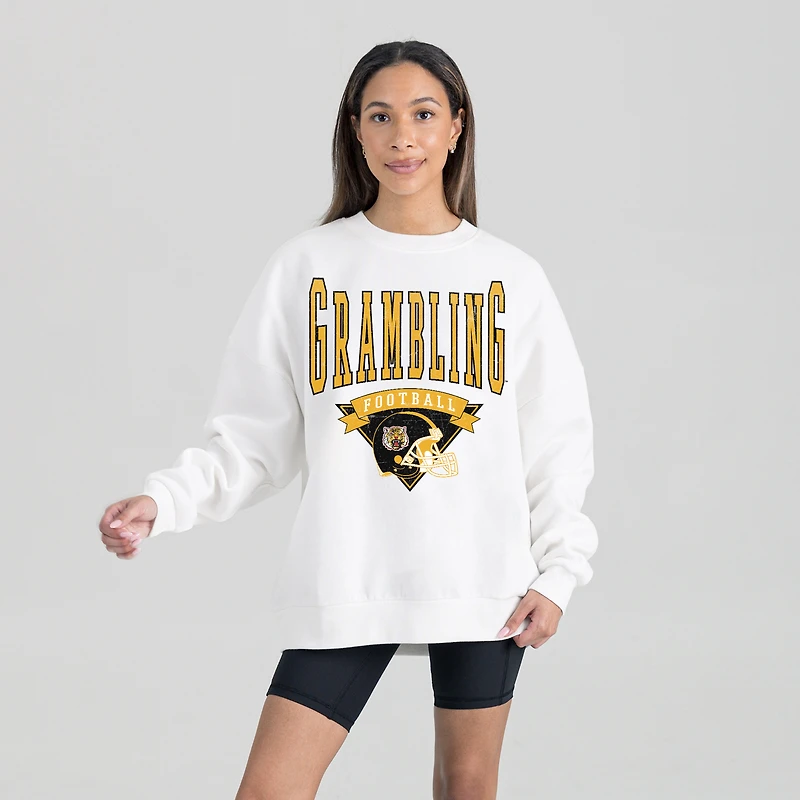Women's Gameday Couture White Grambling Tigers Oversized Good Vibes Premium Fleece Drop Shoulder Pullover Sweatshirt