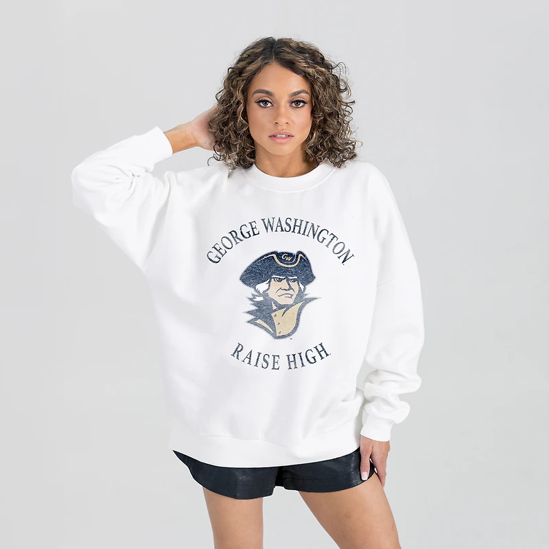 Women's Gameday Couture White George Washington University Oversized Good Vibes Premium Fleece Drop Shoulder Pullover Sweatshirt