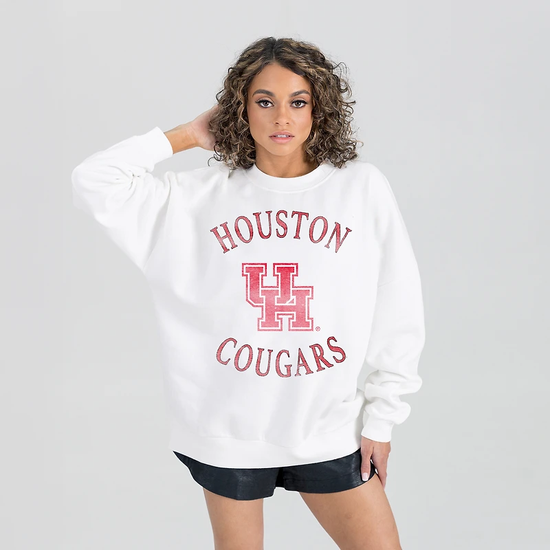 Women's Gameday Couture White Houston Cougars Oversized Good Vibes Premium Fleece Drop Shoulder Pullover Sweatshirt