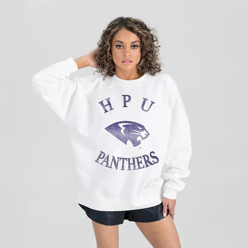 Women's Gameday Couture White High Point Panthers Oversized Good Vibes Premium Fleece Drop Shoulder Pullover Sweatshirt