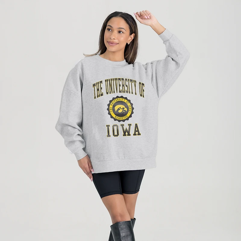 Women's Gameday Couture Steel Iowa Hawkeyes Oversized Good Vibes Premium Fleece Drop Shoulder Pullover Sweatshirt