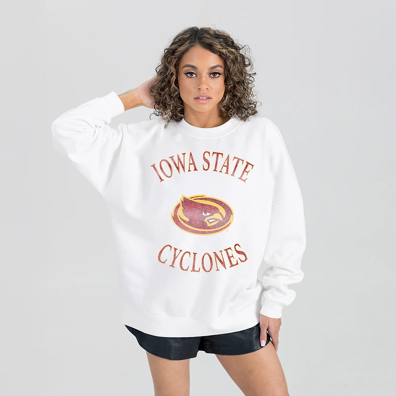 Women's Gameday Couture White Iowa State Cyclones Oversized Good Vibes Premium Fleece Drop Shoulder Pullover Sweatshirt