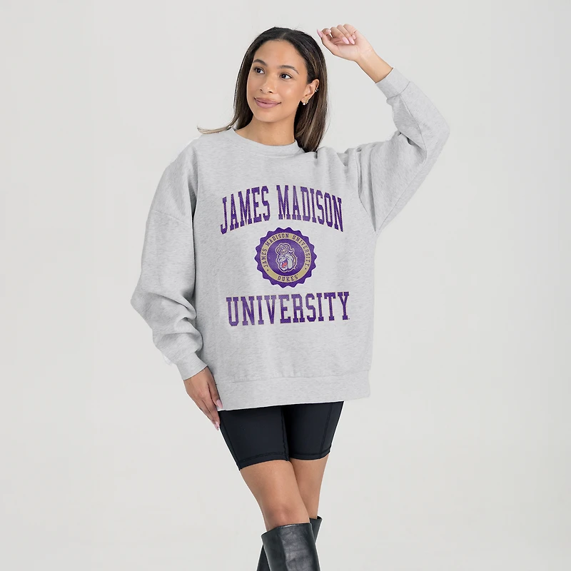 Women's Gameday Couture Steel James Madison Dukes Oversized Good Vibes Premium Fleece Drop Shoulder Pullover Sweatshirt