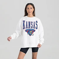 Women's Gameday Couture White Kansas Jayhawks Oversized Good Vibes Premium Fleece Drop Shoulder Pullover Sweatshirt