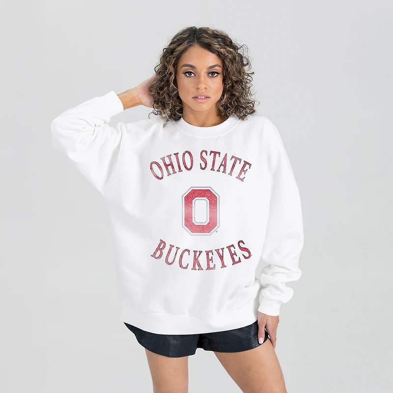 Women's Gameday Couture White Ohio State Buckeyes Oversized Good Vibes Premium Fleece Drop Shoulder Pullover Sweatshirt