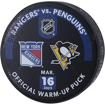 New York Rangers Practice-Used Puck Used During Warmups vs. Pittsburgh Penguins on March 16, 2023