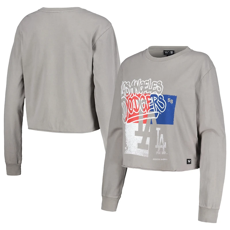 Women's The Wild Collective Gray Los Angeles Dodgers Cropped Long Sleeve T-Shirt
