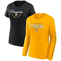 Women's Fanatics  Black/Gold Pittsburgh Penguins Long and Short Sleeve Two-Pack T-Shirt Set