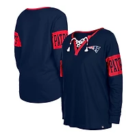 Women's New Era Navy New England Patriots Lace-Up Notch Neck Long Sleeve T-Shirt