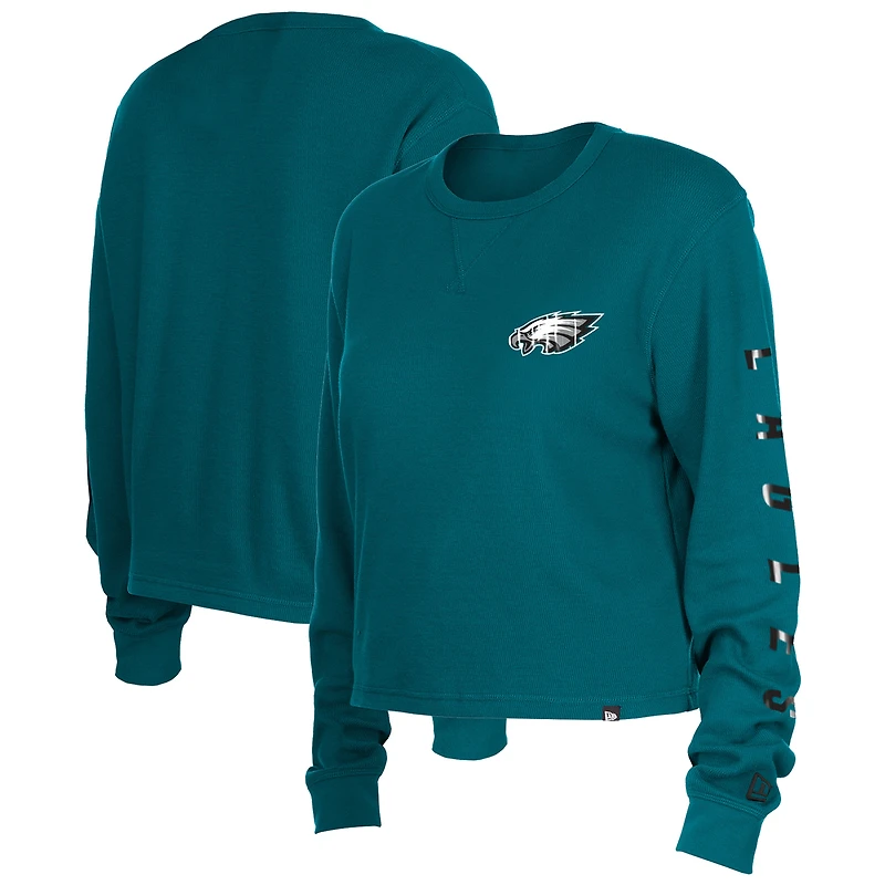 Women's New Era  Green Philadelphia Eagles Sport Night Thermal Long Sleeve Cropped T-Shirt