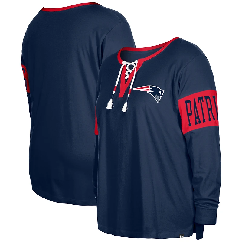 Women's New Era  Navy New England Patriots Plus Size Lace-Up Notch Neck Long Sleeve T-Shirt