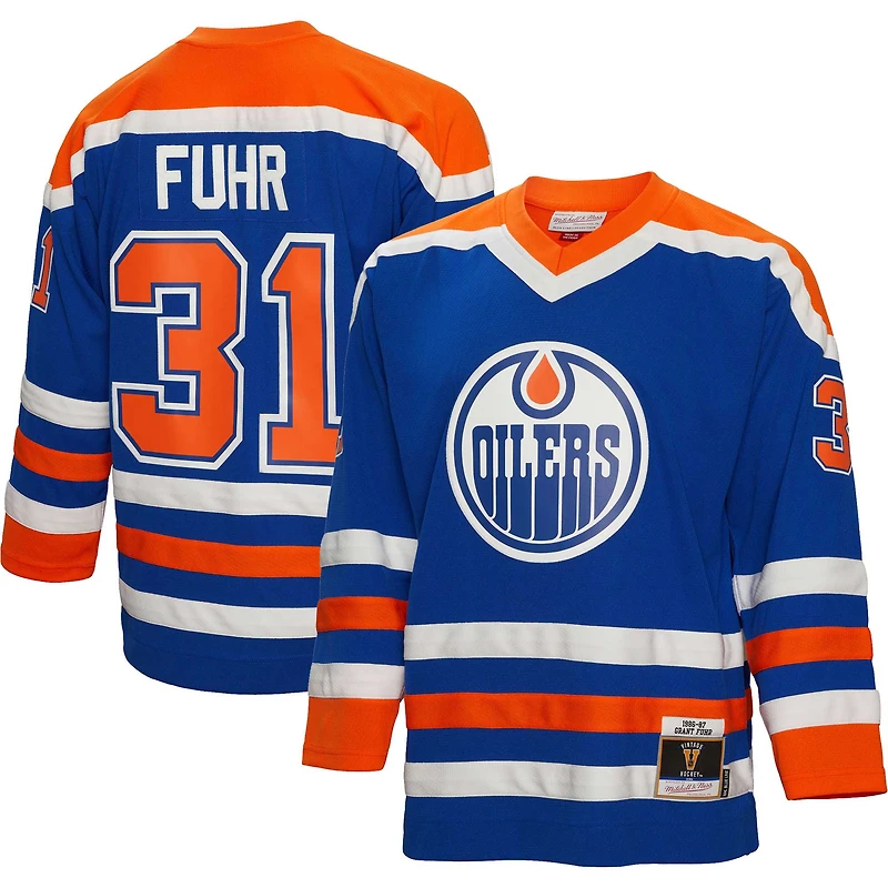 Men's Mitchell & Ness Grant Fuhr Royal Edmonton Oilers 1986/87 Blue Line Player Jersey