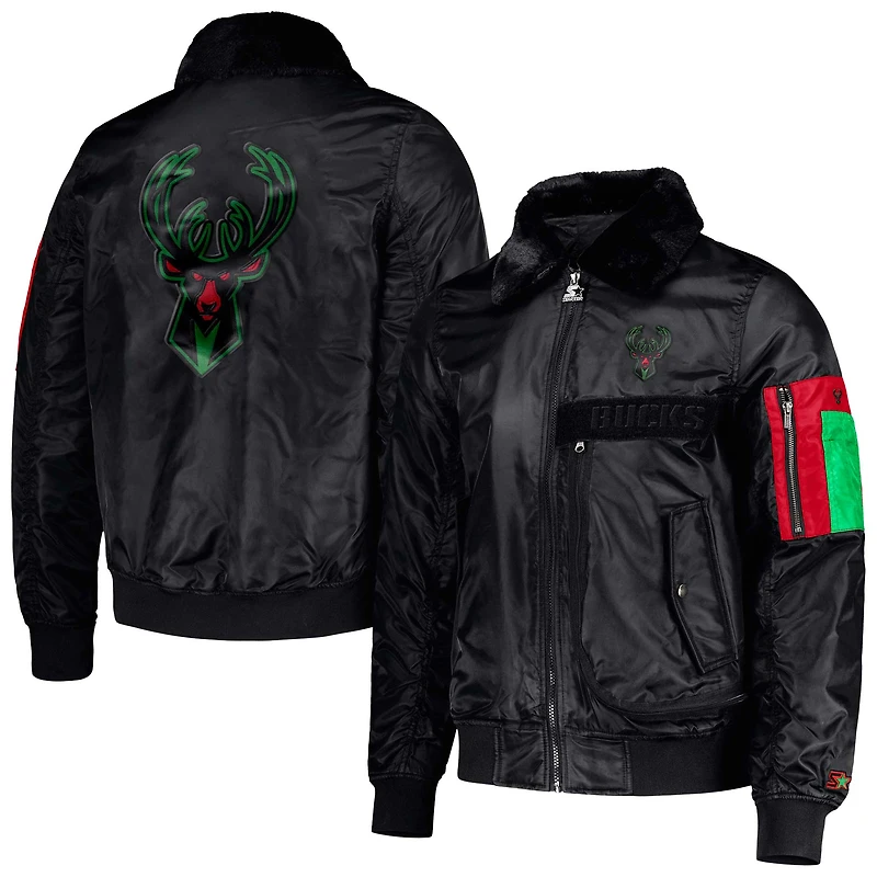 Men's Starter x Ty Mopkins Black Milwaukee Bucks Black History Month Satin Full-Zip Jacket