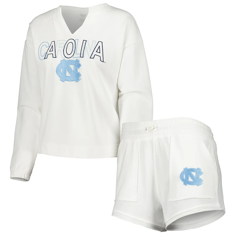 Women's Concepts Sport White North Carolina Tar Heels Sunray Notch Neck Long Sleeve Top & Shorts Set