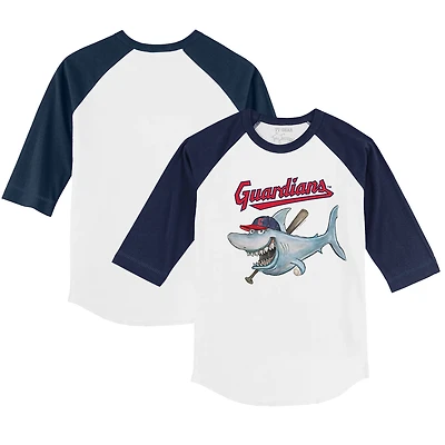 Toddler Tiny Turnip White/Navy Cleveland Guardians Shark 3/4-Sleeve Raglan T-Shirt