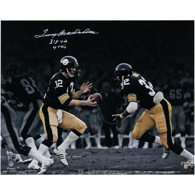 Terry Bradshaw Pittsburgh Steelers Autographed 16" x 20" Hand Off Photograph with "318 YDS, 4 TD's" Inscription