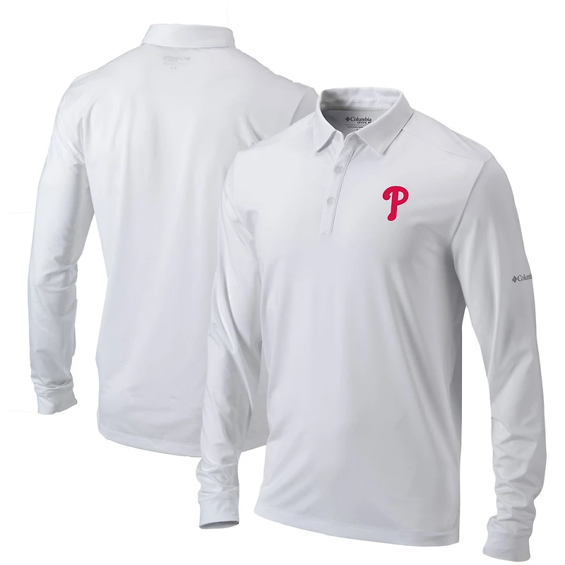 Men's Columbia White Philadelphia Phillies Pin High Omni-Wick Long Sleeve Polo