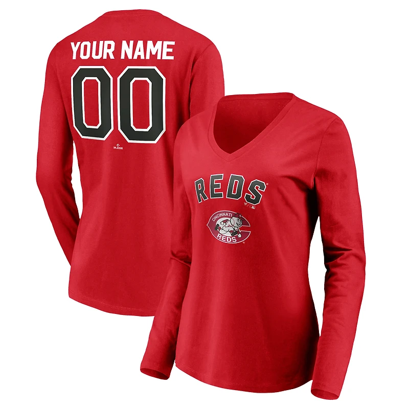 Women's Red Cincinnati Reds Cooperstown Collection Personalized Winning Streak Long Sleeve V-Neck T-Shirt