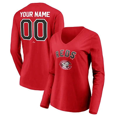 Women's Red Cincinnati Reds Cooperstown Collection Personalized Winning Streak Long Sleeve V-Neck T-Shirt
