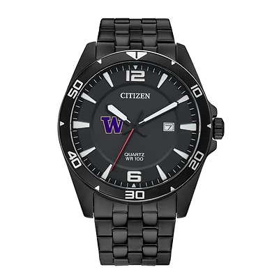 Men's Washington Huskies Citizen Quartz Black-Tone Stainless Steel Watch
