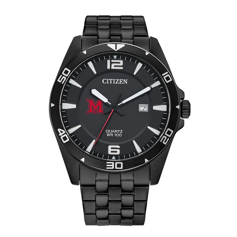Men's Miami University RedHawks Citizen Quartz Black-Tone Stainless Steel Watch