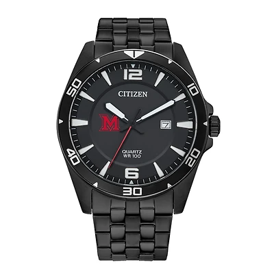Men's Miami University RedHawks Citizen Quartz Black-Tone Stainless Steel Watch