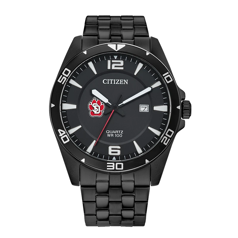 Men's South Dakota Coyotes Citizen Quartz Black-Tone Stainless Steel Watch