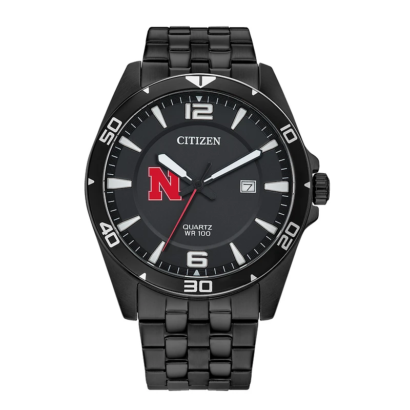 Men's Nebraska Huskers Citizen Quartz Black-Tone Stainless Steel Watch