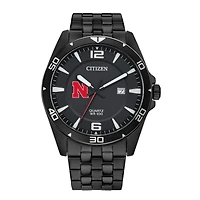 Men's Nebraska Huskers Citizen Quartz Black-Tone Stainless Steel Watch