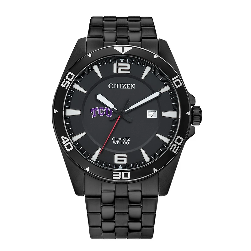 Men's TCU Horned Frogs Citizen Quartz Black-Tone Stainless Steel Watch