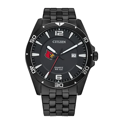 Men's Louisville Cardinals Citizen Quartz Black-Tone Stainless Steel Watch