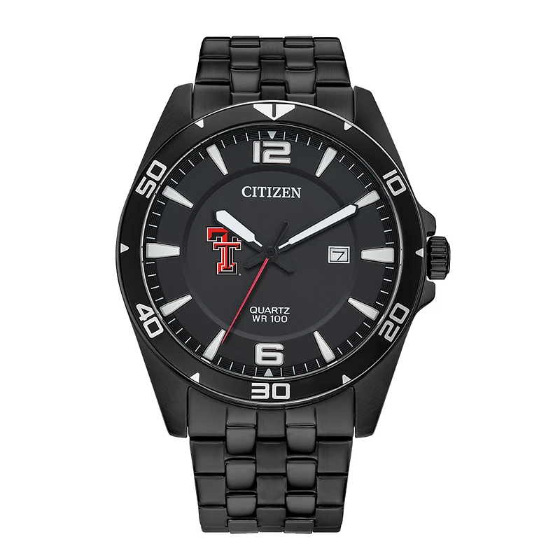 Men's Texas Tech Red Raiders Citizen Quartz Black-Tone Stainless Steel Watch