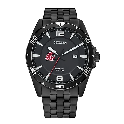Men's Washington State Cougars Citizen Quartz Black-Tone Stainless Steel Watch