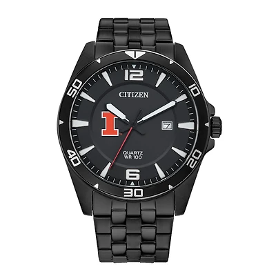Men's Illinois Fighting Illini Citizen Quartz Black-Tone Stainless Steel Watch