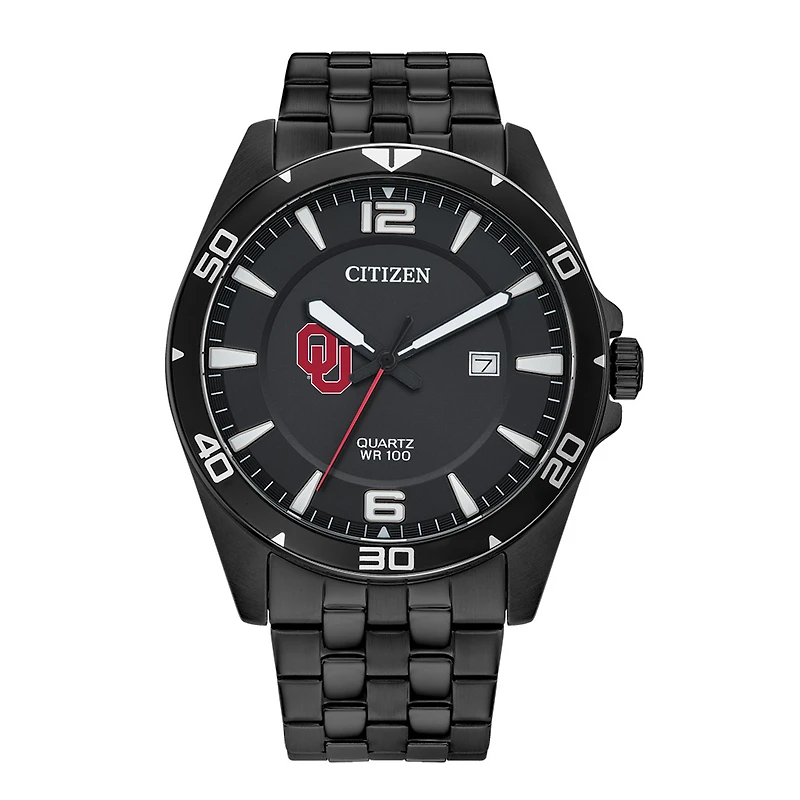 Men's Oklahoma Sooners Citizen Quartz Black-Tone Stainless Steel Watch