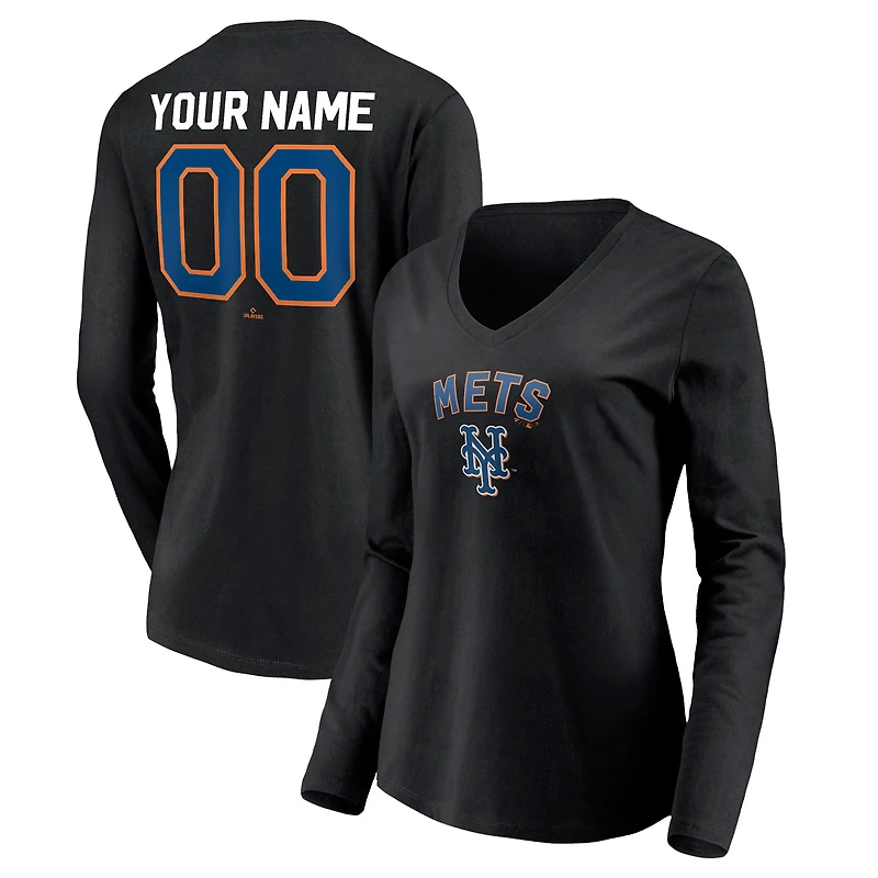 Women's Black New York Mets Personalized Cooperstown Collection Alternate Winning Streak Long Sleeve V-Neck T-Shirt