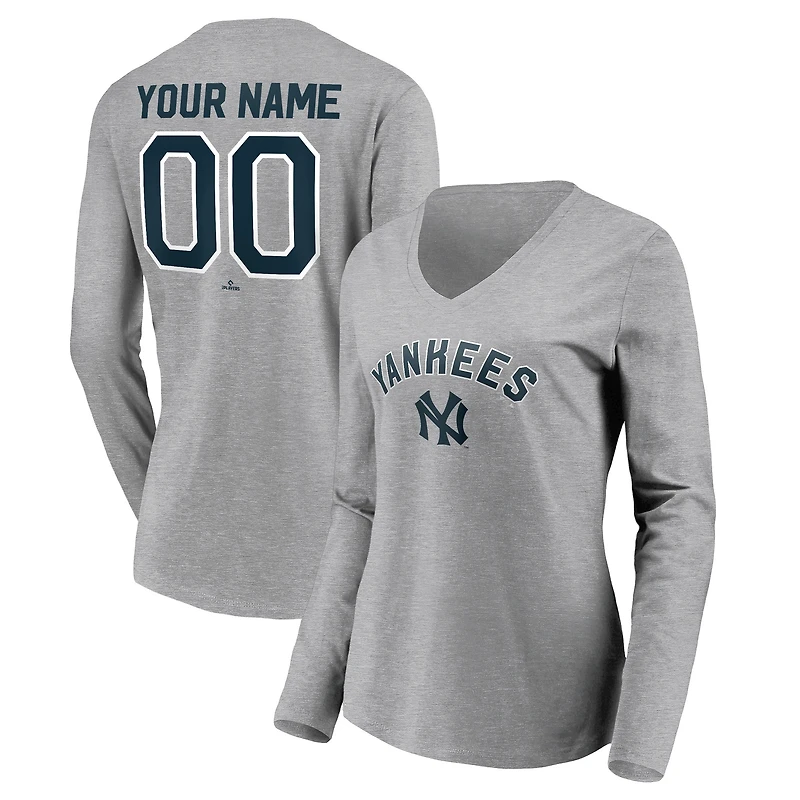 Women's Gray New York Yankees Personalized Cooperstown Collection Alternate Winning Streak Long Sleeve V-Neck T-Shirt