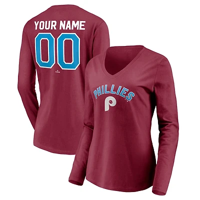 Women's Burgundy Philadelphia Phillies Personalized Cooperstown Collection Alternate Winning Streak Long Sleeve V-Neck T-Shirt