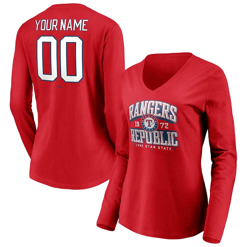 Women's Red Texas Rangers Personalized Hometown Legend Long Sleeve V-Neck T-Shirt