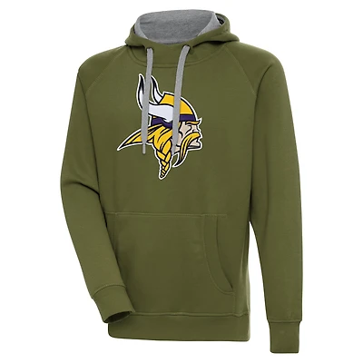 Men's Antigua  Olive Minnesota Vikings Primary Logo Victory Pullover Hoodie