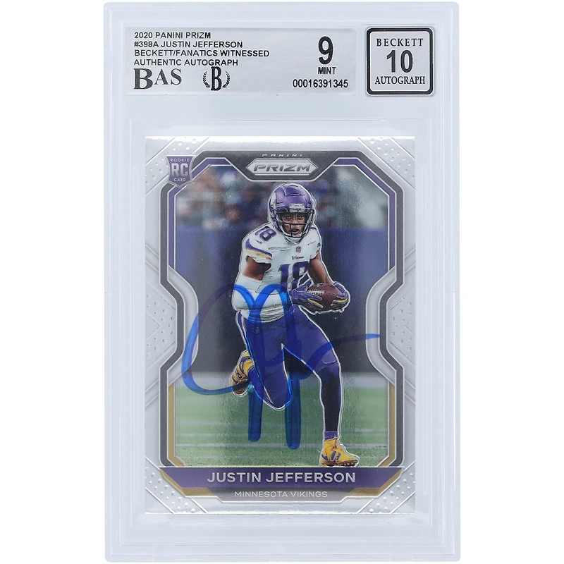 Justin Jefferson Minnesota Vikings Autographed 2020 Panini Prizm #398 Beckett Fanatics Witnessed Authenticated 9/10 Rookie Card